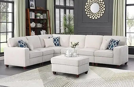 127" L-Shaped Sectional Couch with Movable Ottoman & 6 Throw Pillows,7 Seat Chenille Upholstered Sofa W/2 Cup Holder,USB Port &