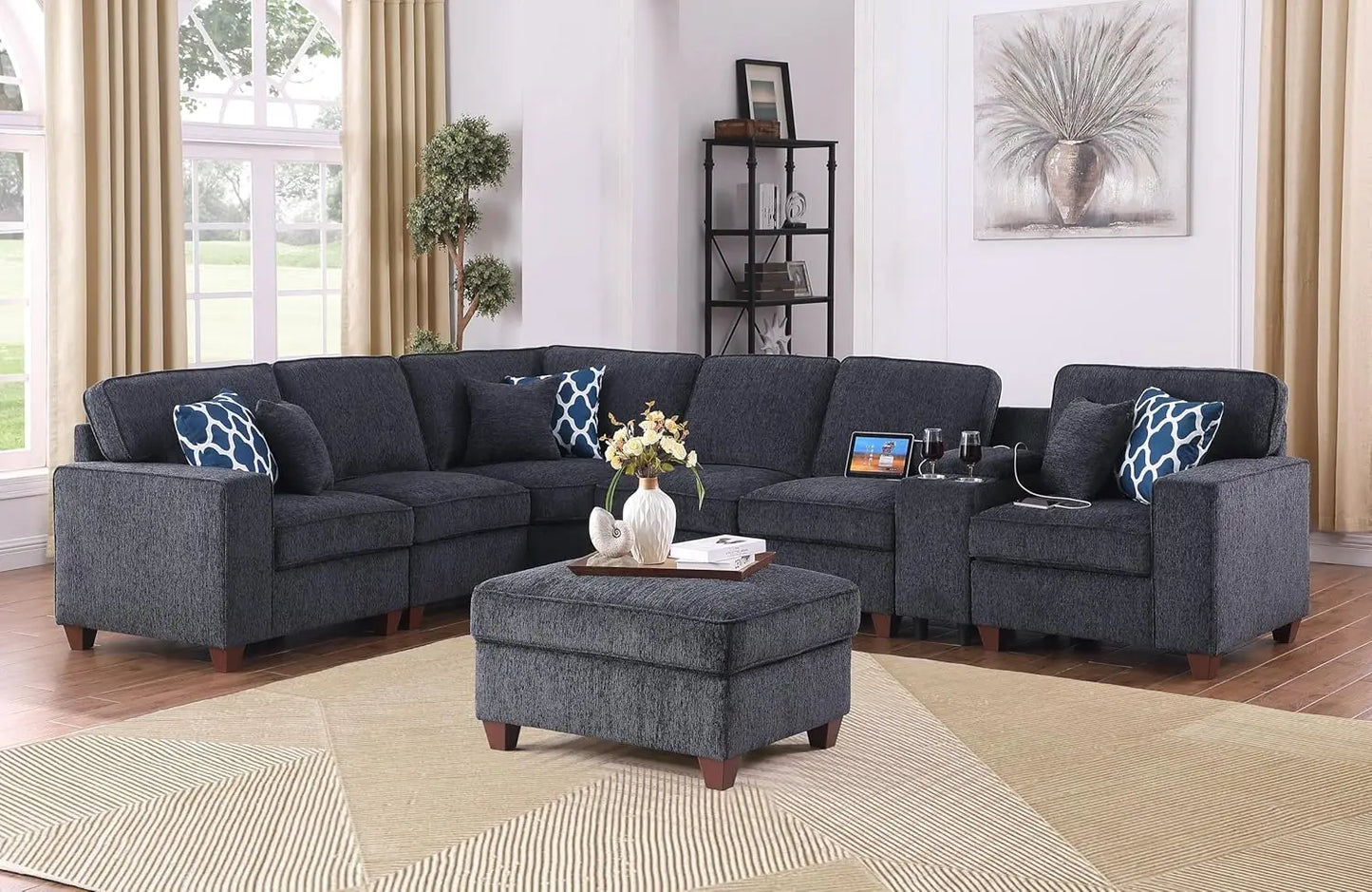 127" L-Shaped Sectional Couch with Movable Ottoman & 6 Throw Pillows,7 Seat Chenille Upholstered Sofa W/2 Cup Holder,USB Port &