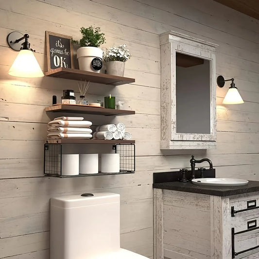 Triple Tier Wall Mounted Floating Shelves Wood Bathroom