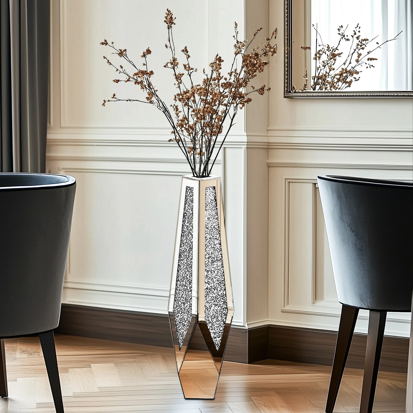Tall Floor Vase With Crushed Diamond Mirror Centerpiece