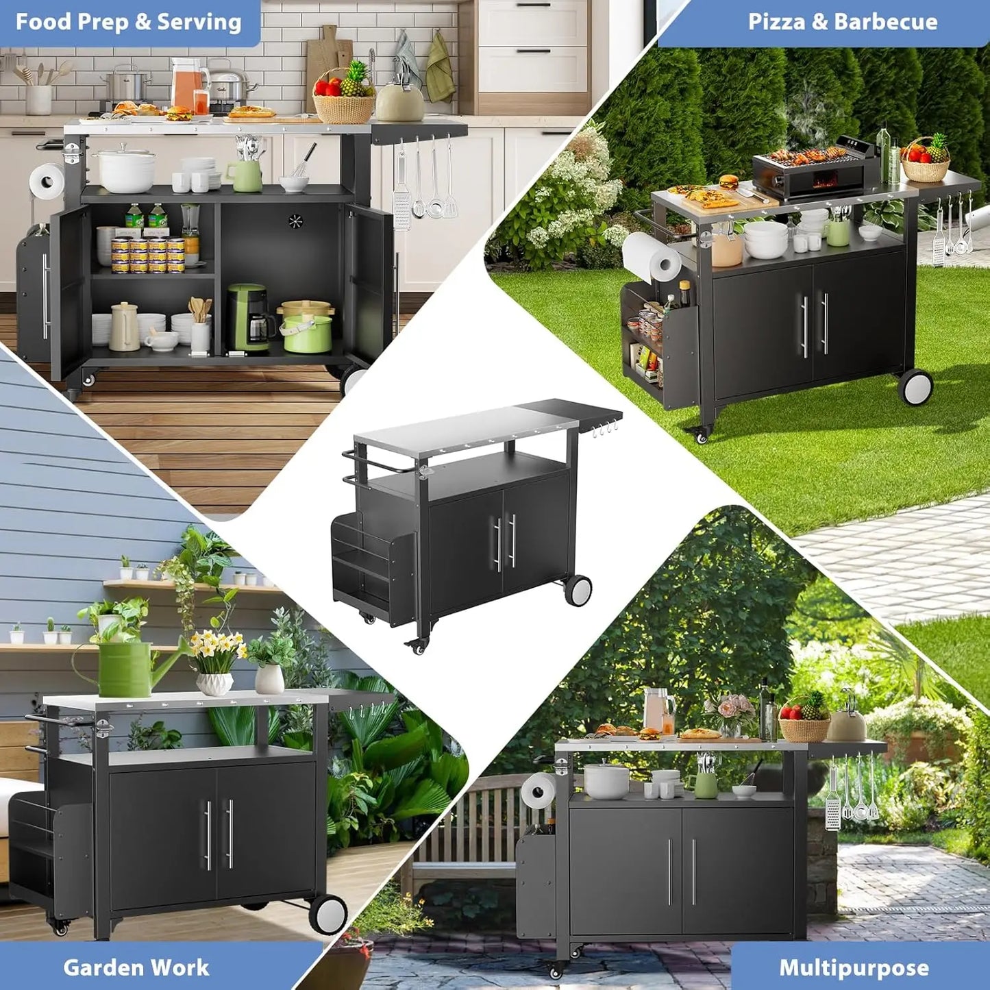 Outdoor Grill Cart with Storage,Patio Kitchen Island with WheelsHooks and Spice Rack,Waterproof Outdoor Grill Table