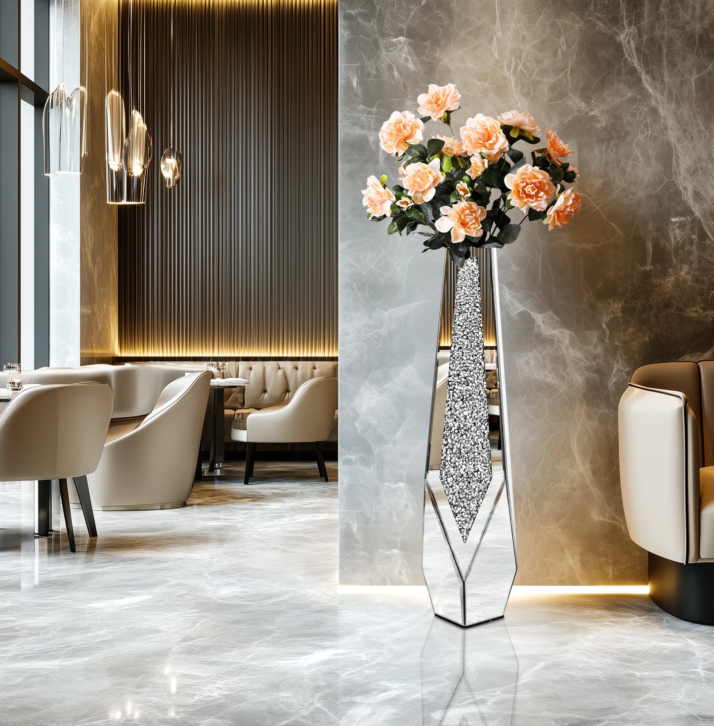 Tall Floor Vase With Crushed Diamond Mirror Centerpiece