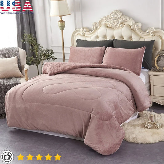 Reversible Sherpa Fleece Bed Blanket 3 Piece Set With Shams