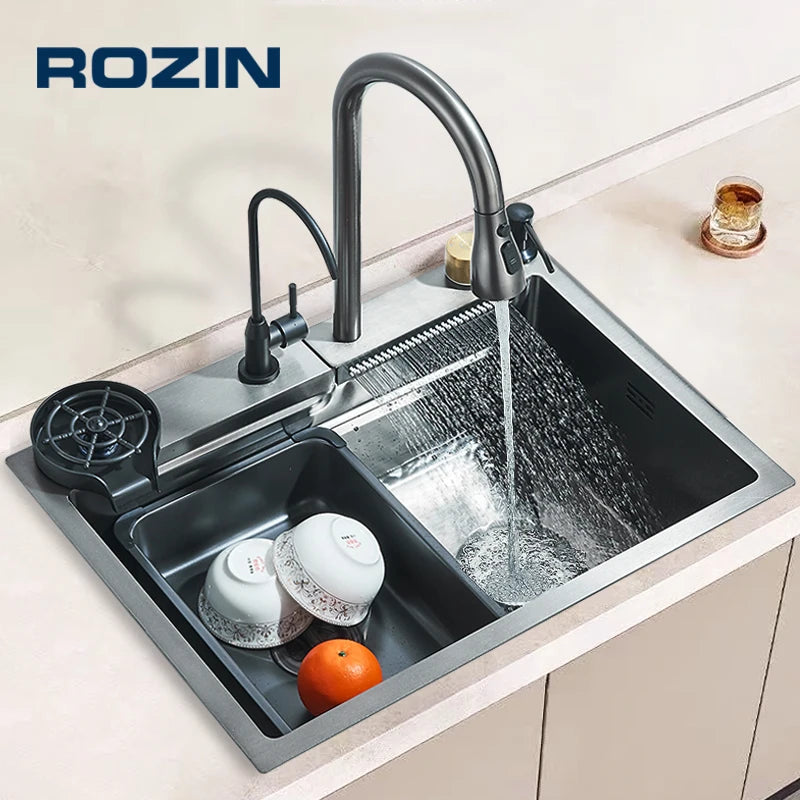 Single Bowl Kitchen Sink Stainless Steel Rainfall Faucet