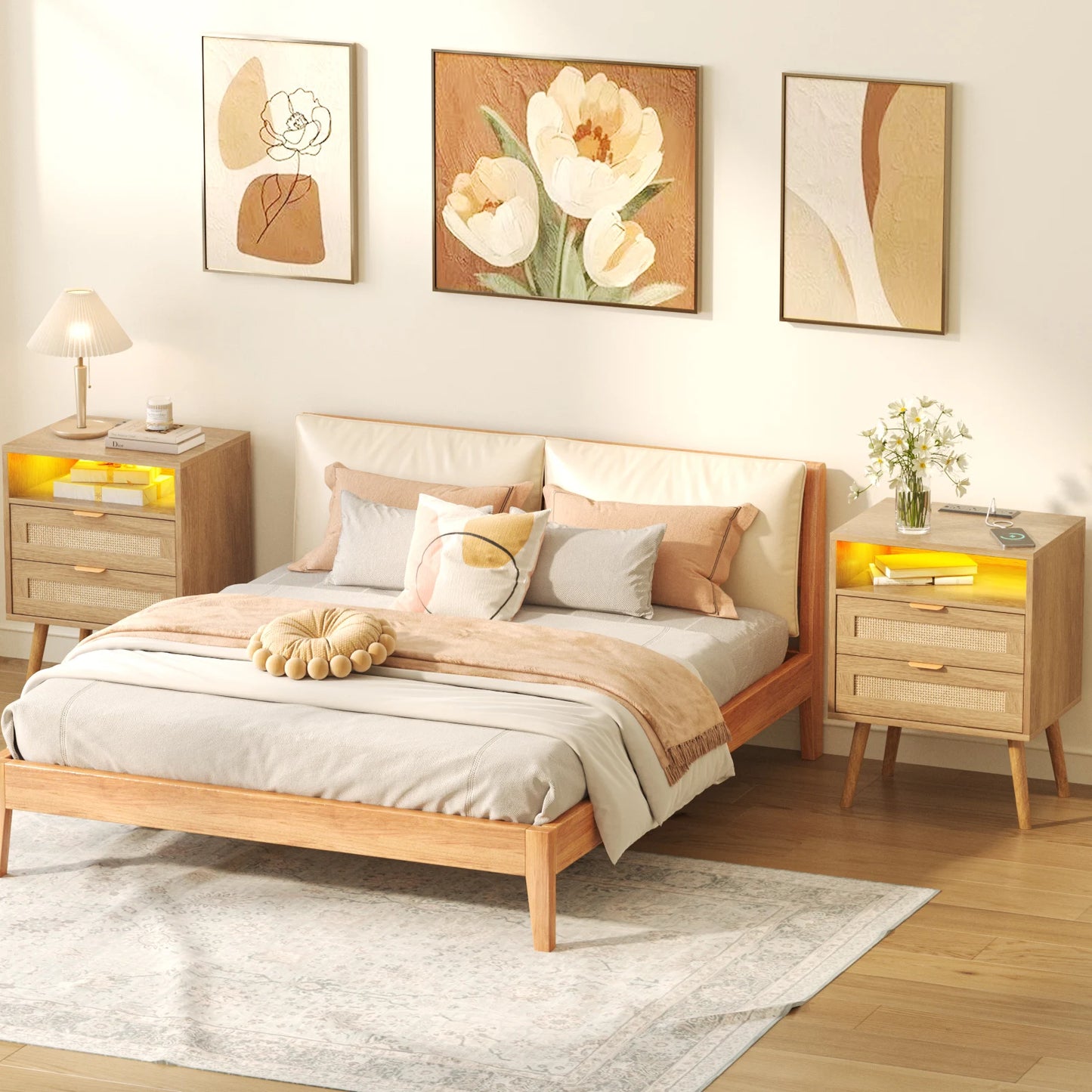 Vabches Rattan Nightstand Set Of 2 With LED And USB Ports