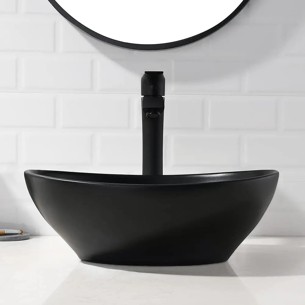 Matte Black Vessel Sink With Faucet Drain Ceramic Porcelain