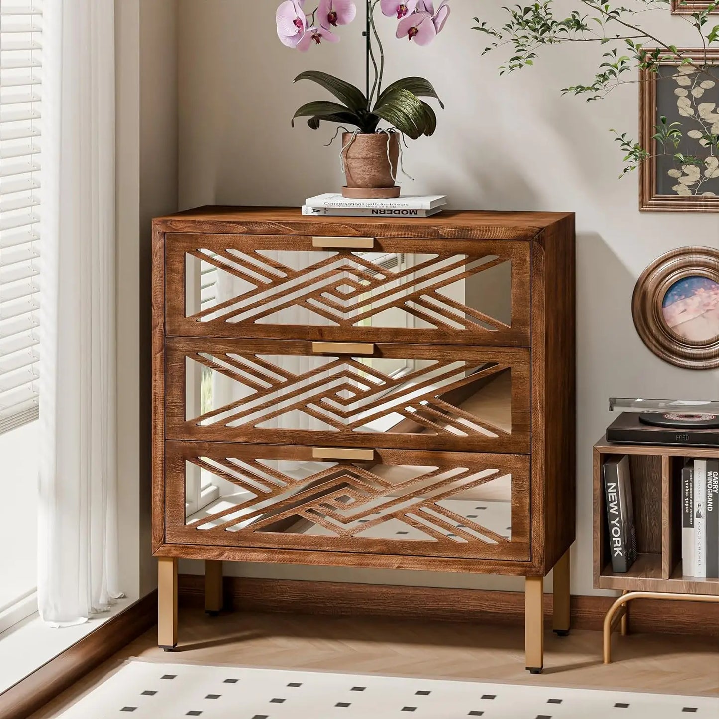 3 Drawer Dresser With Mirror Fronts Modern Farmhouse Chest