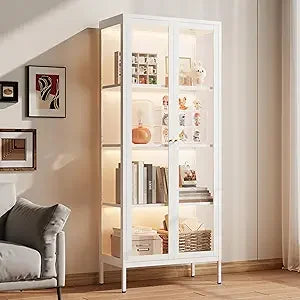 Glass Display Cabinet With Led Lights White Curio 66