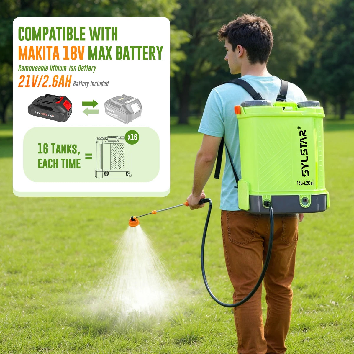 4 Gallon Battery Powered Backpack Sprayer With 5 Nozzles