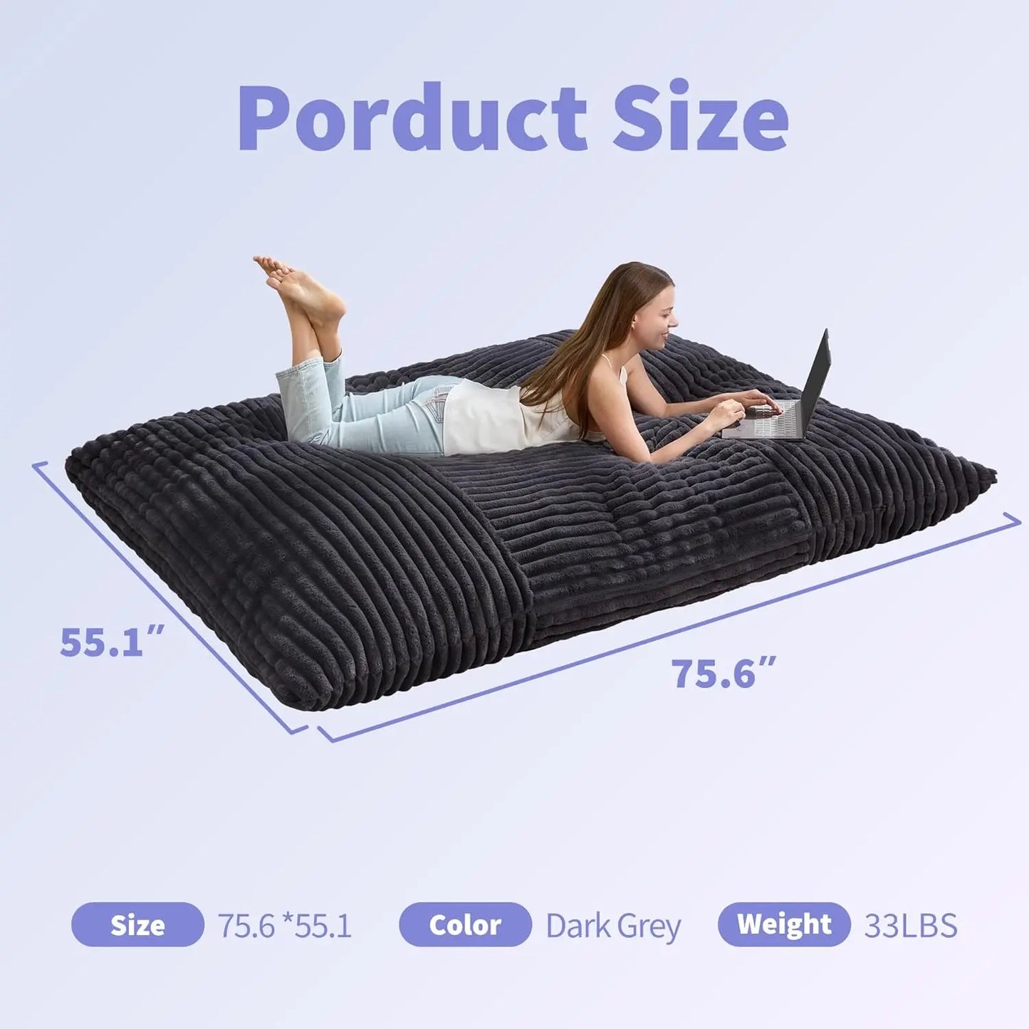 Giant 3 In 1 Bean Bag Chair With Convertible Cover Plus