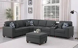 127" L-Shaped Sectional Couch with Movable Ottoman & 6 Throw Pillows,7 Seat Chenille Upholstered Sofa W/2 Cup Holder,USB Port &