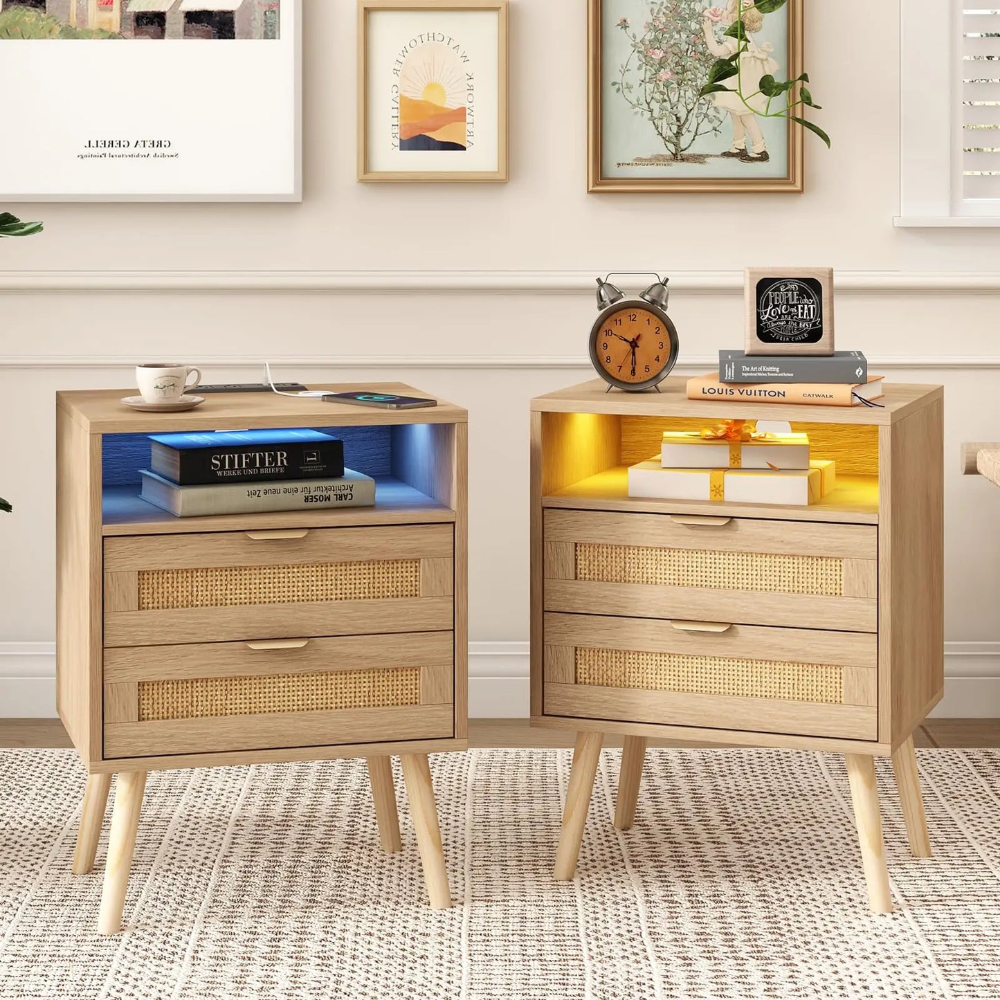 Vabches Rattan Nightstand Set Of 2 With LED And USB Ports