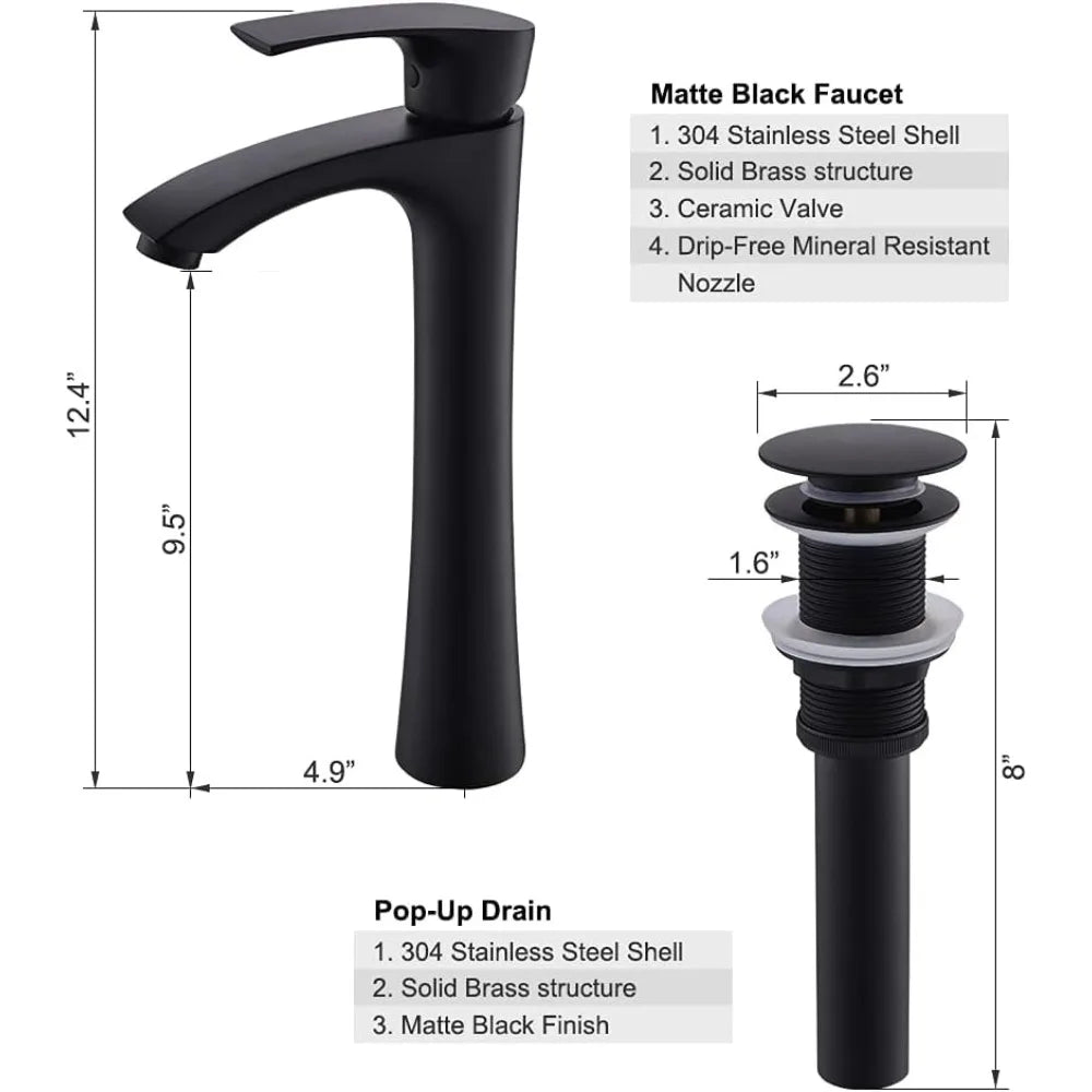 Matte Black Vessel Sink With Faucet Drain Ceramic Porcelain