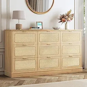 Boho Style 9 Drawer Dresser And TV Stand Natural Oak Finish