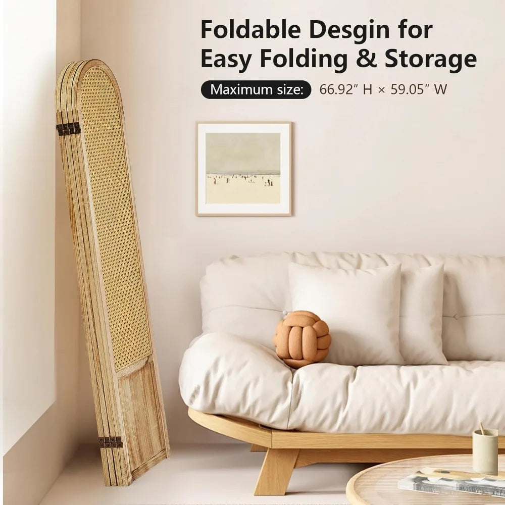 4 Panel Rattan Room Divider Folding Privacy Screen Wood