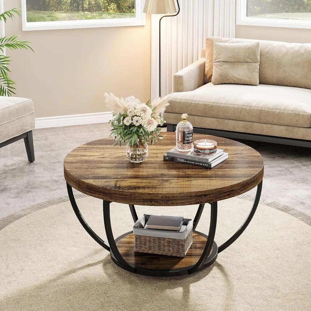 Round Coffee Table, 31.7" Wooden 2-Tier Circle Coffee Table with Storage Shelves, Modern Accent Table,Living Room Table