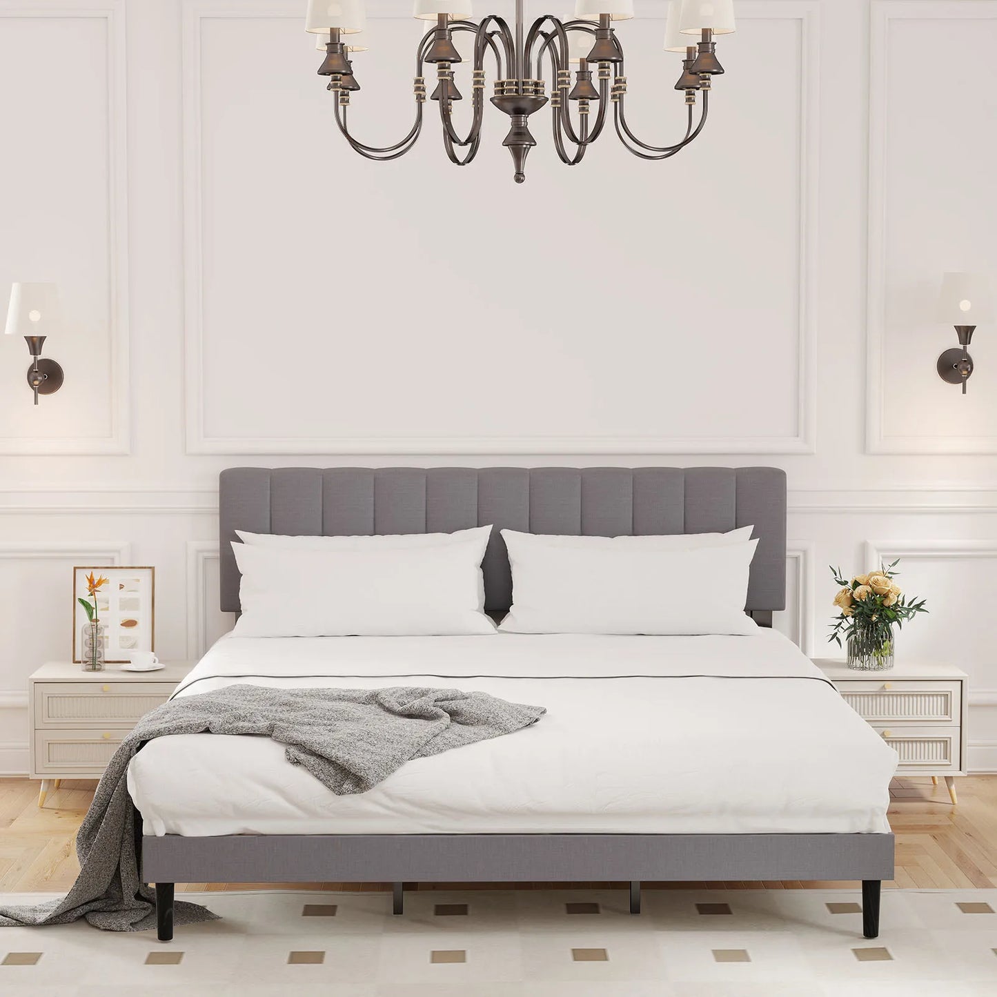 JHK King Solid Wood Bed Frame Upholstered Headboard Slats