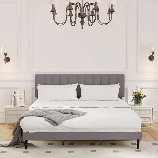 JHK King Solid Wood Bed Frame Upholstered Headboard Slats