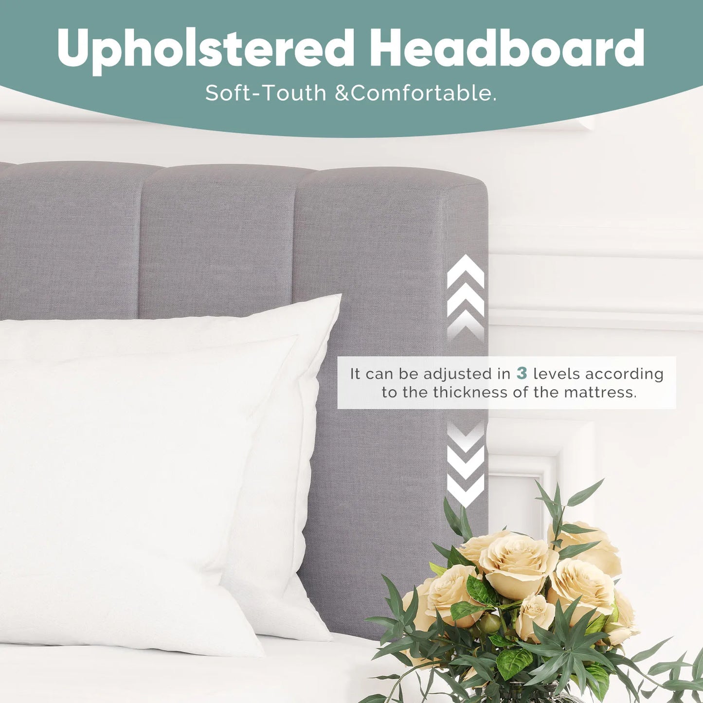 JHK King Solid Wood Bed Frame Upholstered Headboard Slats