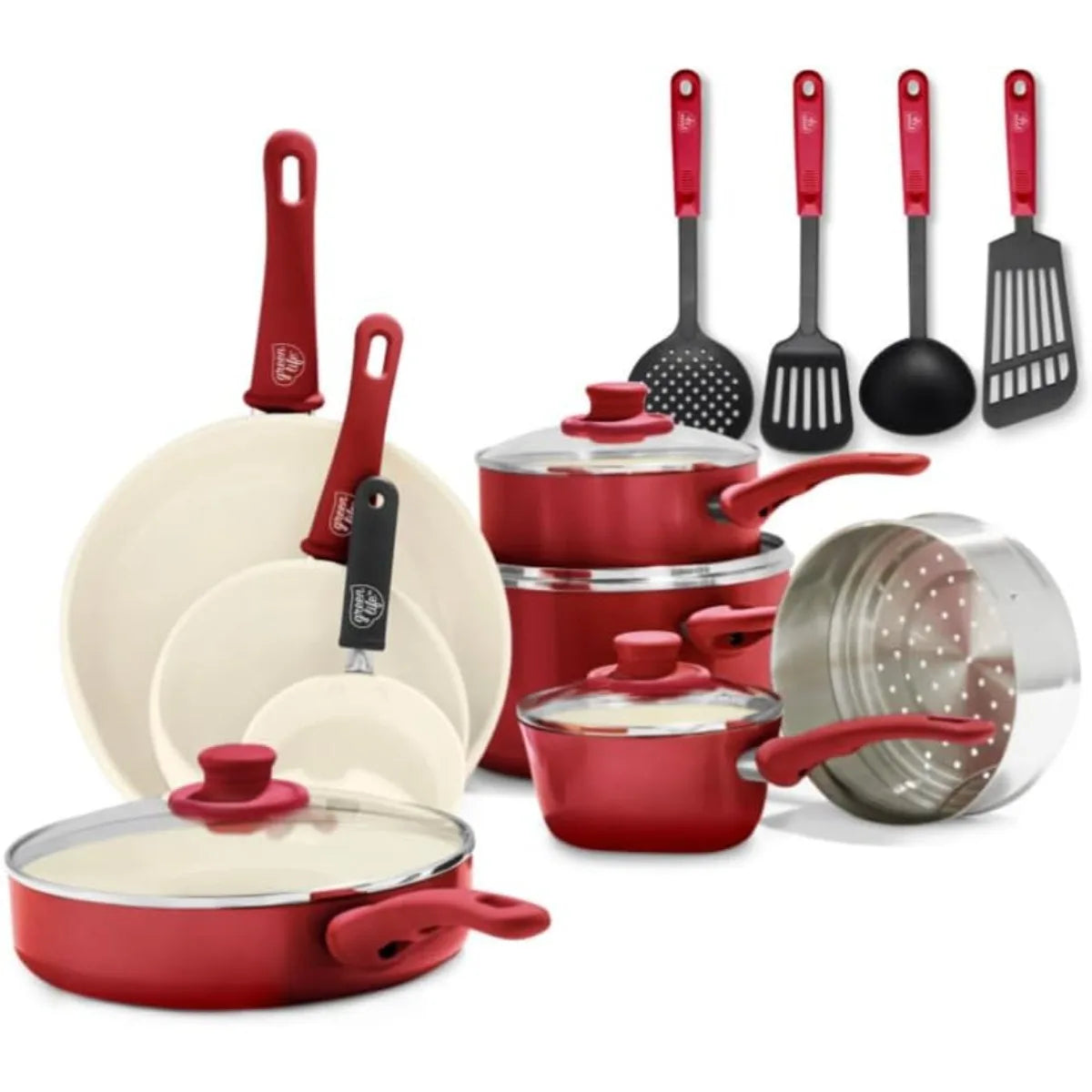 PFAS Free Nonstick Cookware Set 16 Piece With Ceramic Coating Oven Safe Stay Cool Handles And Glass Lids Red