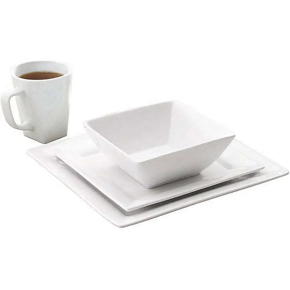 Square Porcelain Dinnerware 16 Piece White Oven Safe 450F