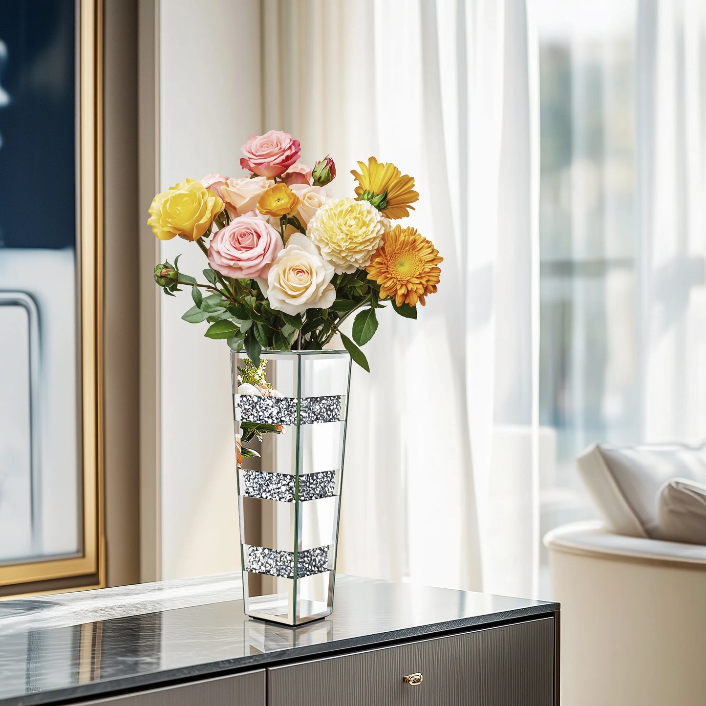 Tall Floor Vase With Crushed Diamond Mirror Centerpiece