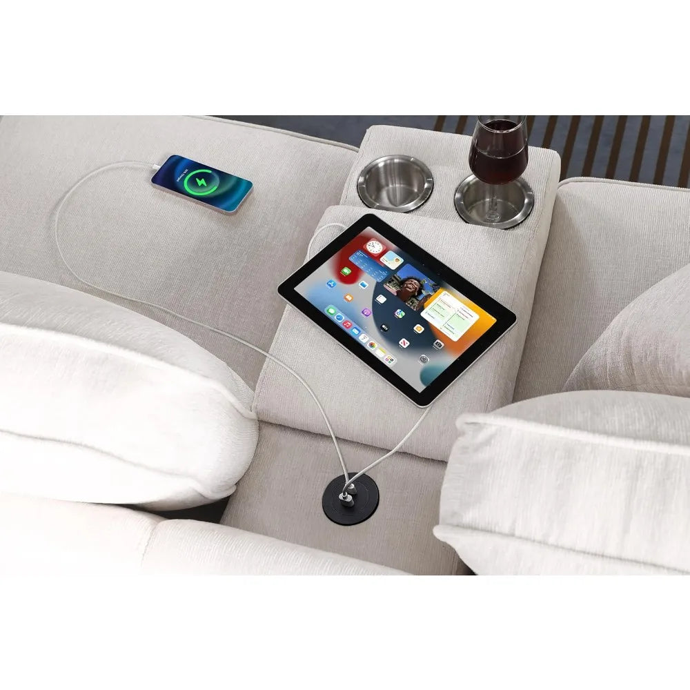127" L-Shaped Sectional Couch with Movable Ottoman & 6 Throw Pillows,7 Seat Chenille Upholstered Sofa W/2 Cup Holder,USB Port &