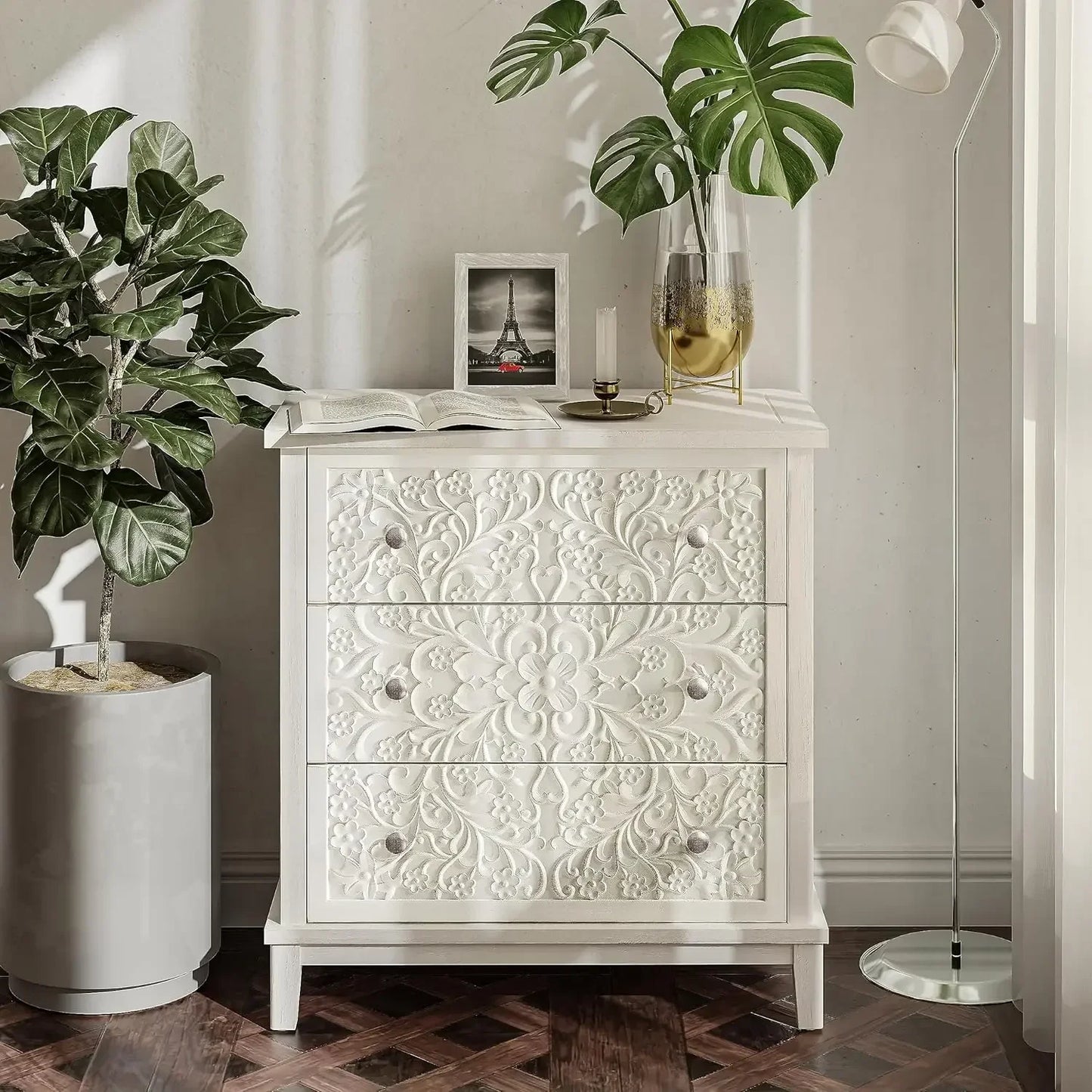 Three Drawer Farmhouse Flower Motif Dresser White Washed