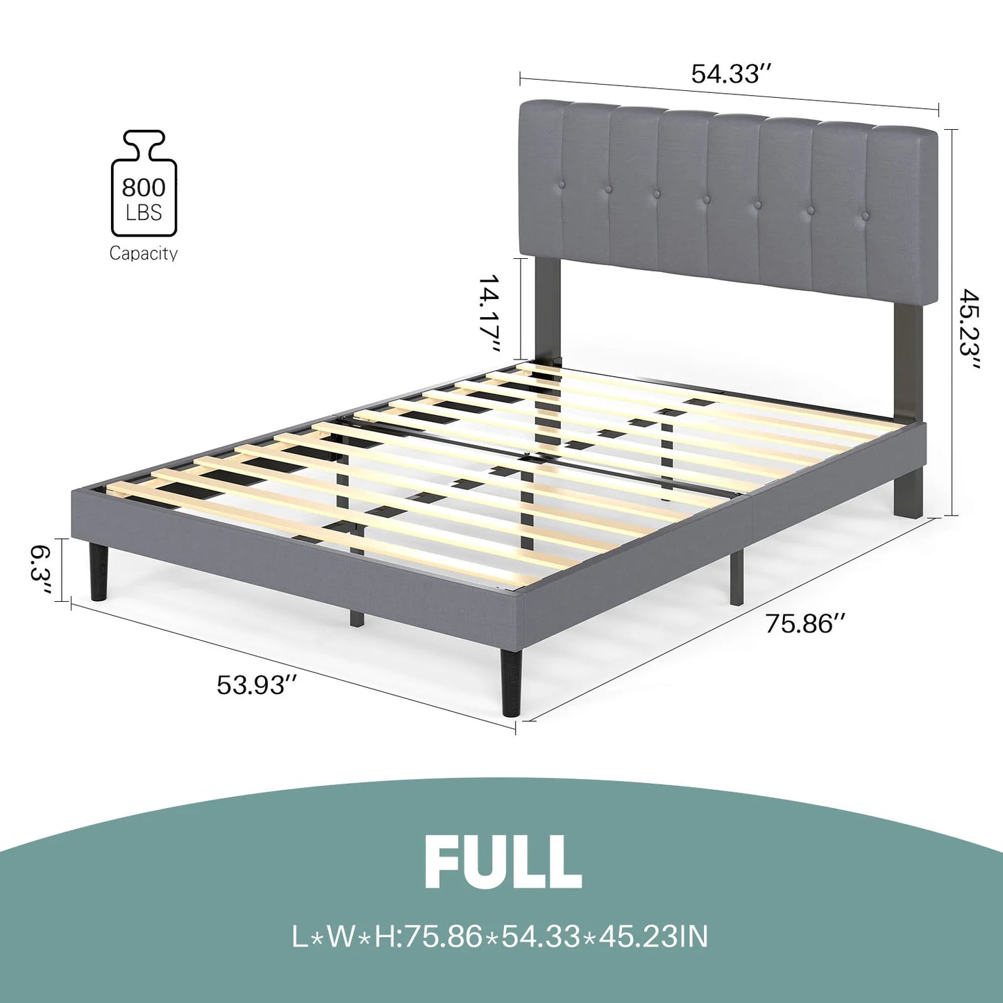 JHK King Solid Wood Bed Frame Upholstered Headboard Slats
