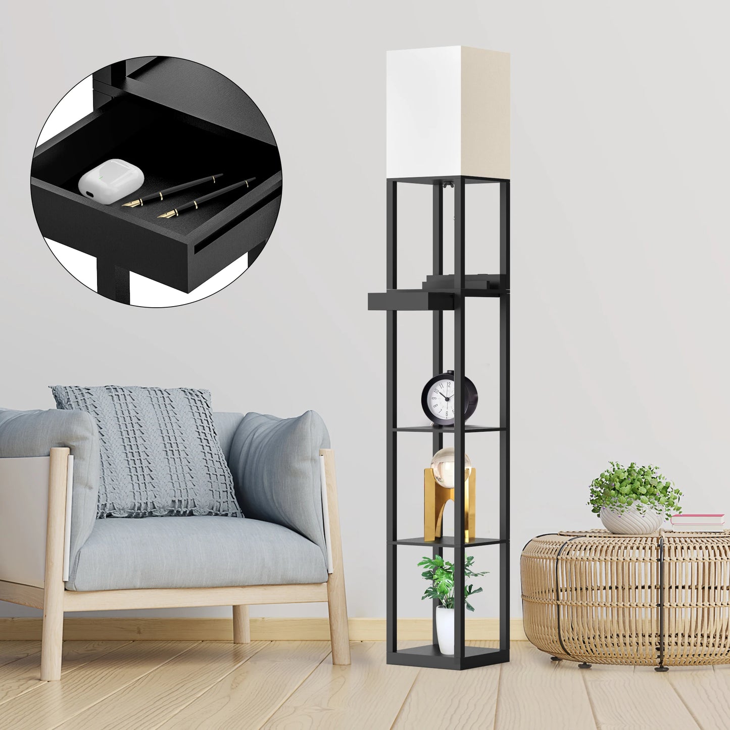 67 Inch Column Floor Lamp With Shelves USB Ports Drawer