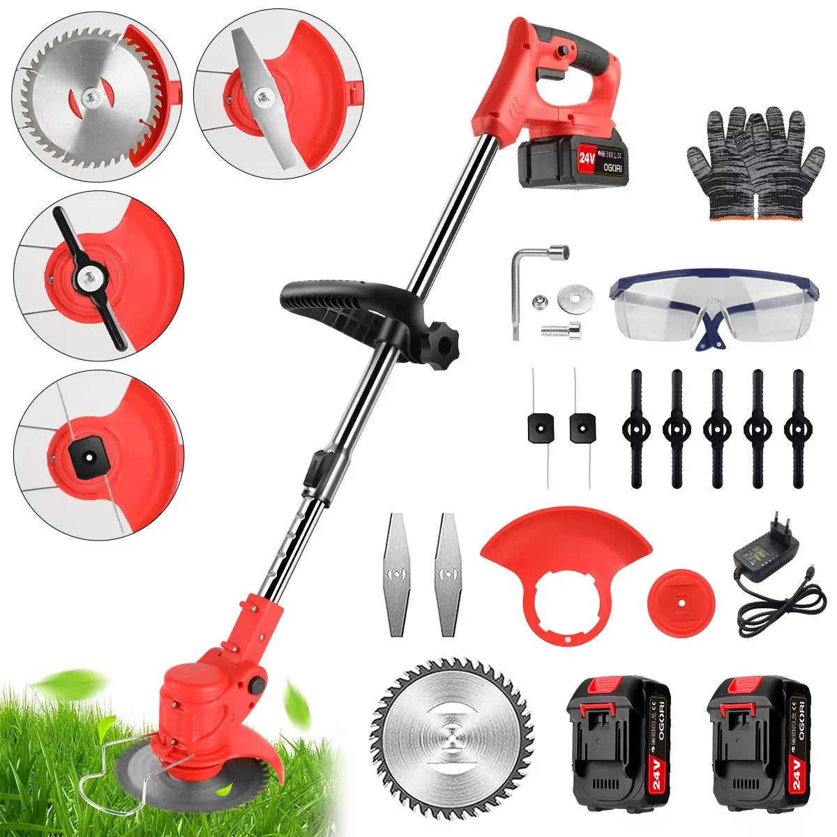 Cordless Electric Lawn Mower With Two Batteries And Trimmer
