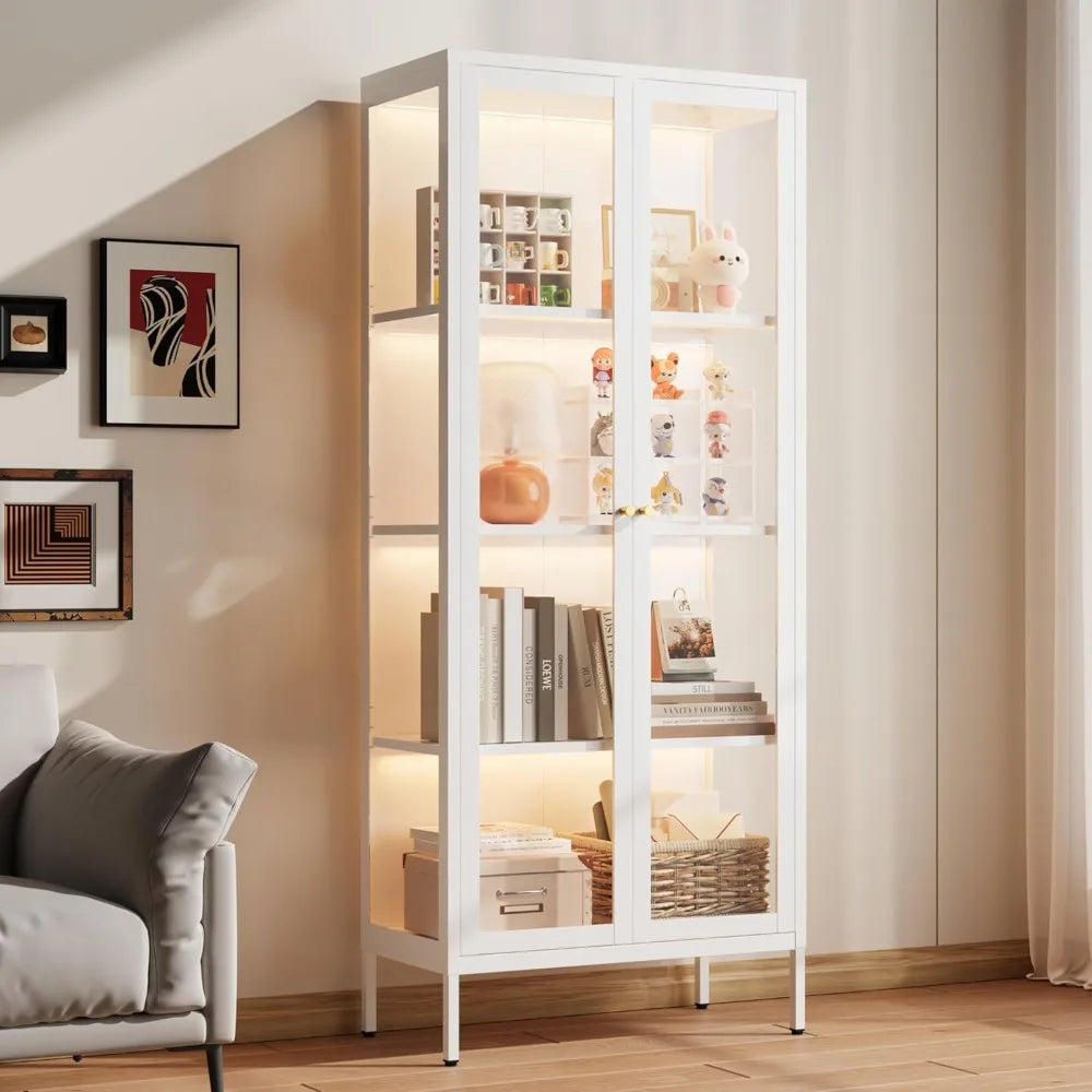 Glass Display Cabinet With Led Lights White Curio 66