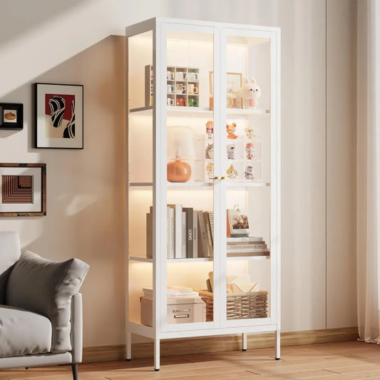 Glass Display Cabinet With Led Lights White Curio 66