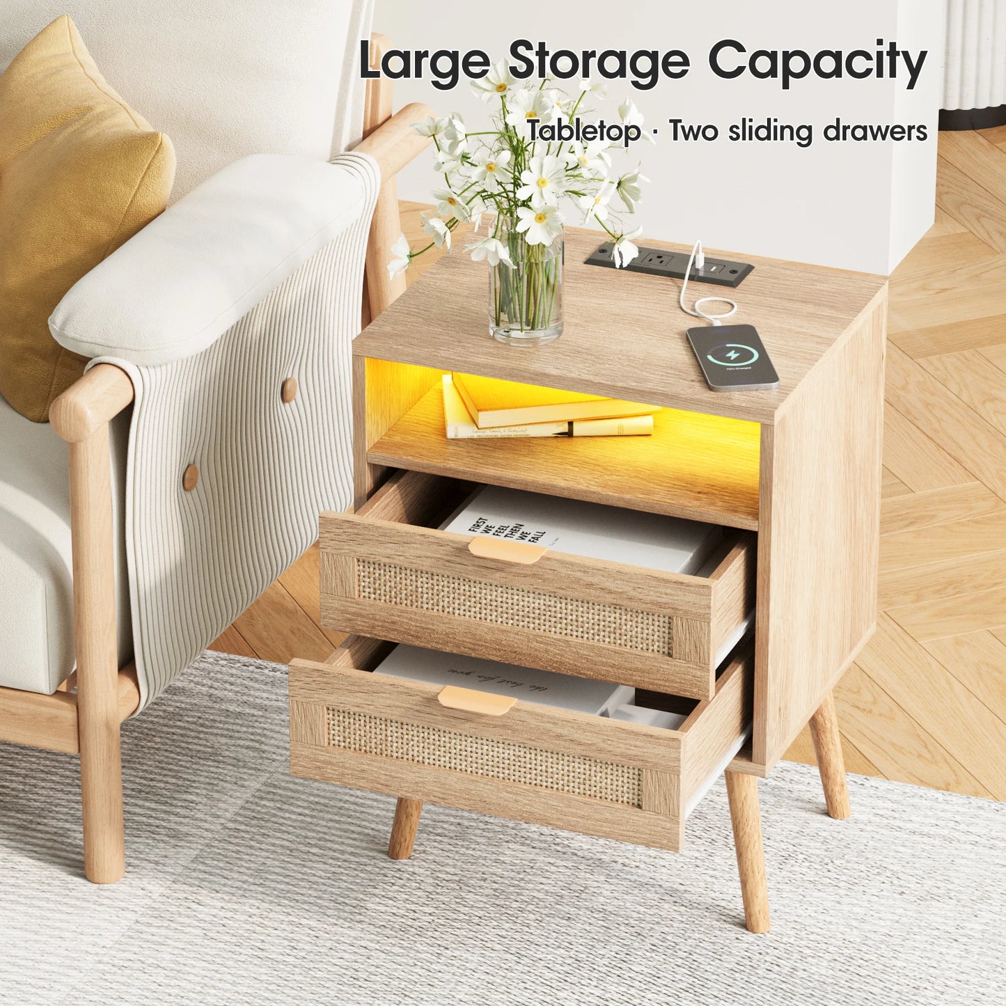 Vabches Rattan Nightstand Set Of 2 With LED And USB Ports