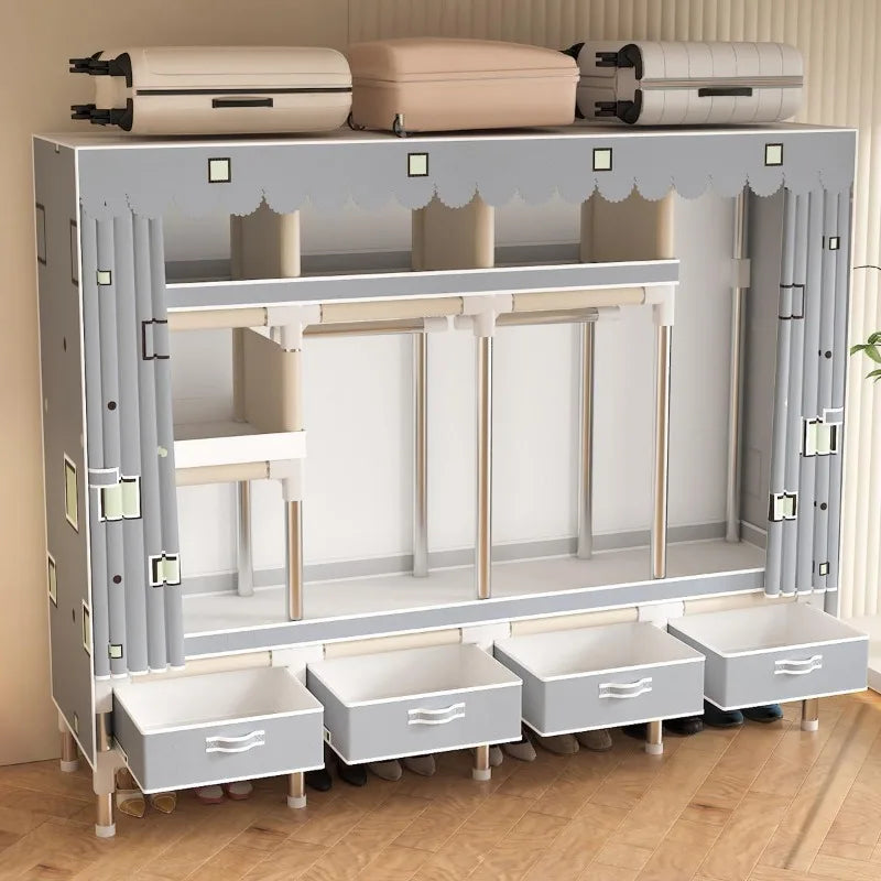 Portable Wardrobe clothes Closet Hanging Organization Metal Frame 5 Storage Compartments 3 Hanging Rods 4 Drawers shoe rack