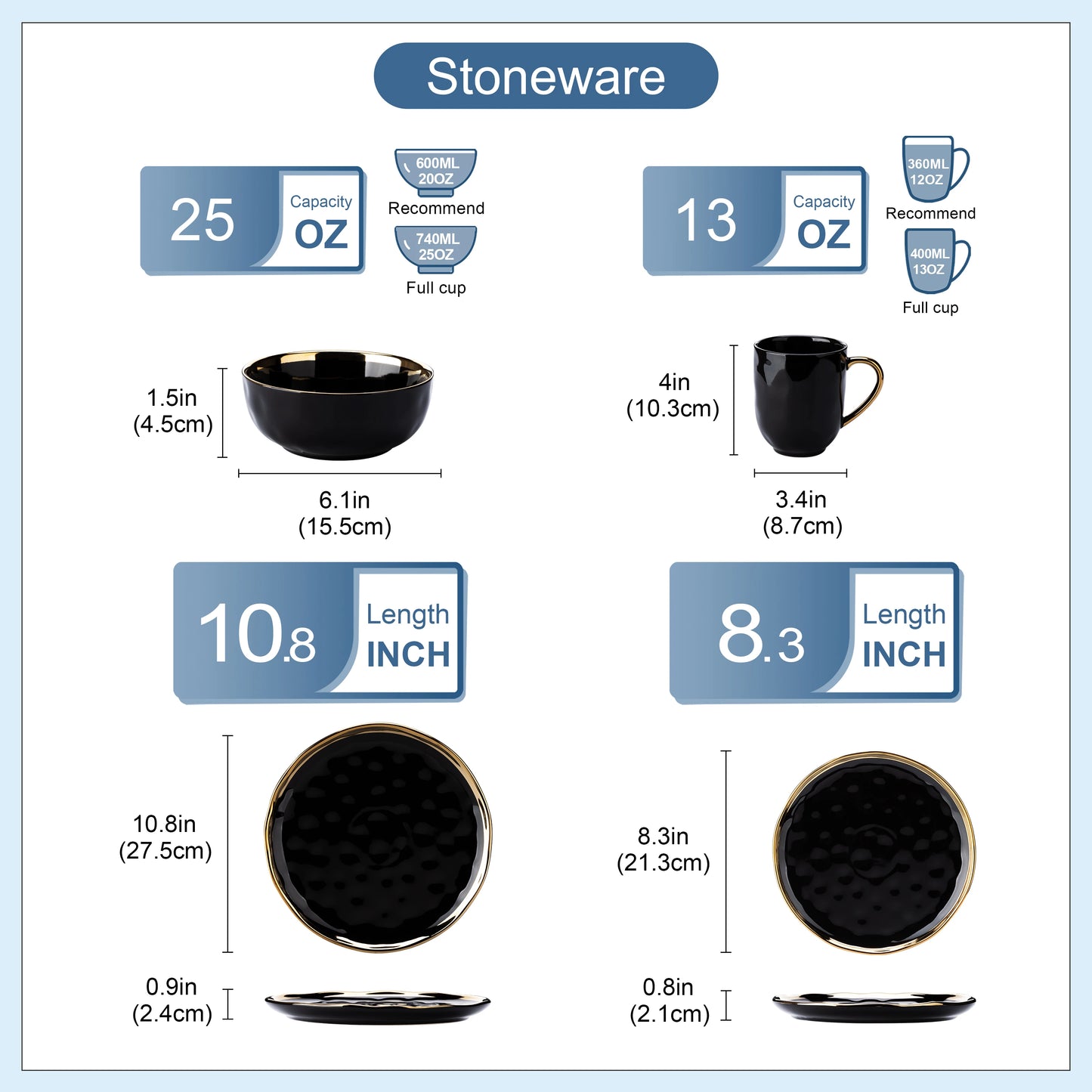 Black Porcelain Dinnerware With Gold Trim 16 And 32 Pieces