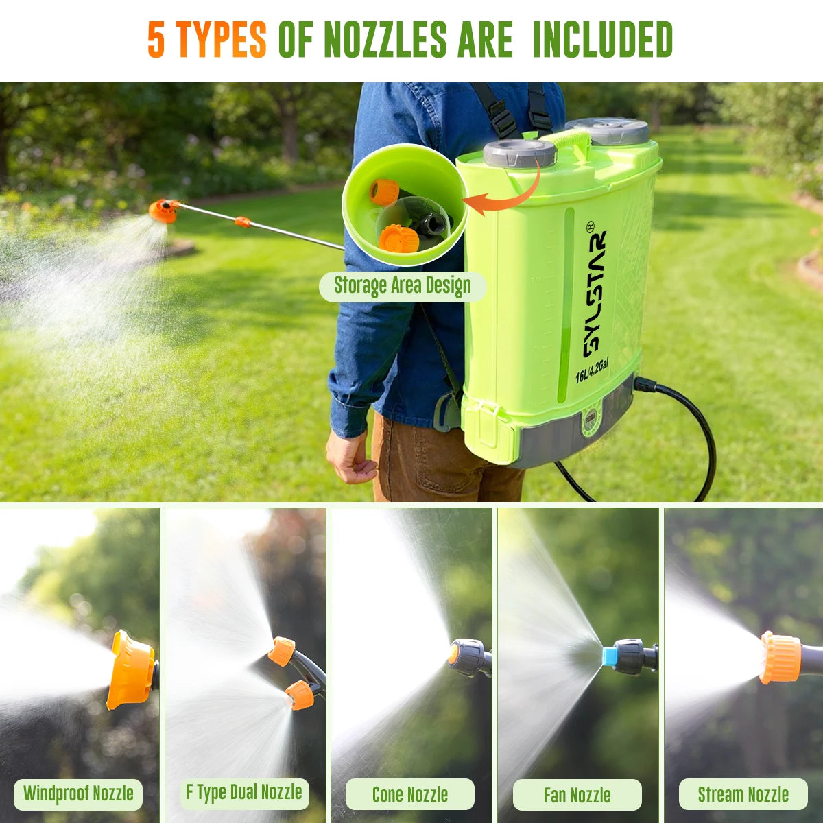 4 Gallon Battery Powered Backpack Sprayer With 5 Nozzles