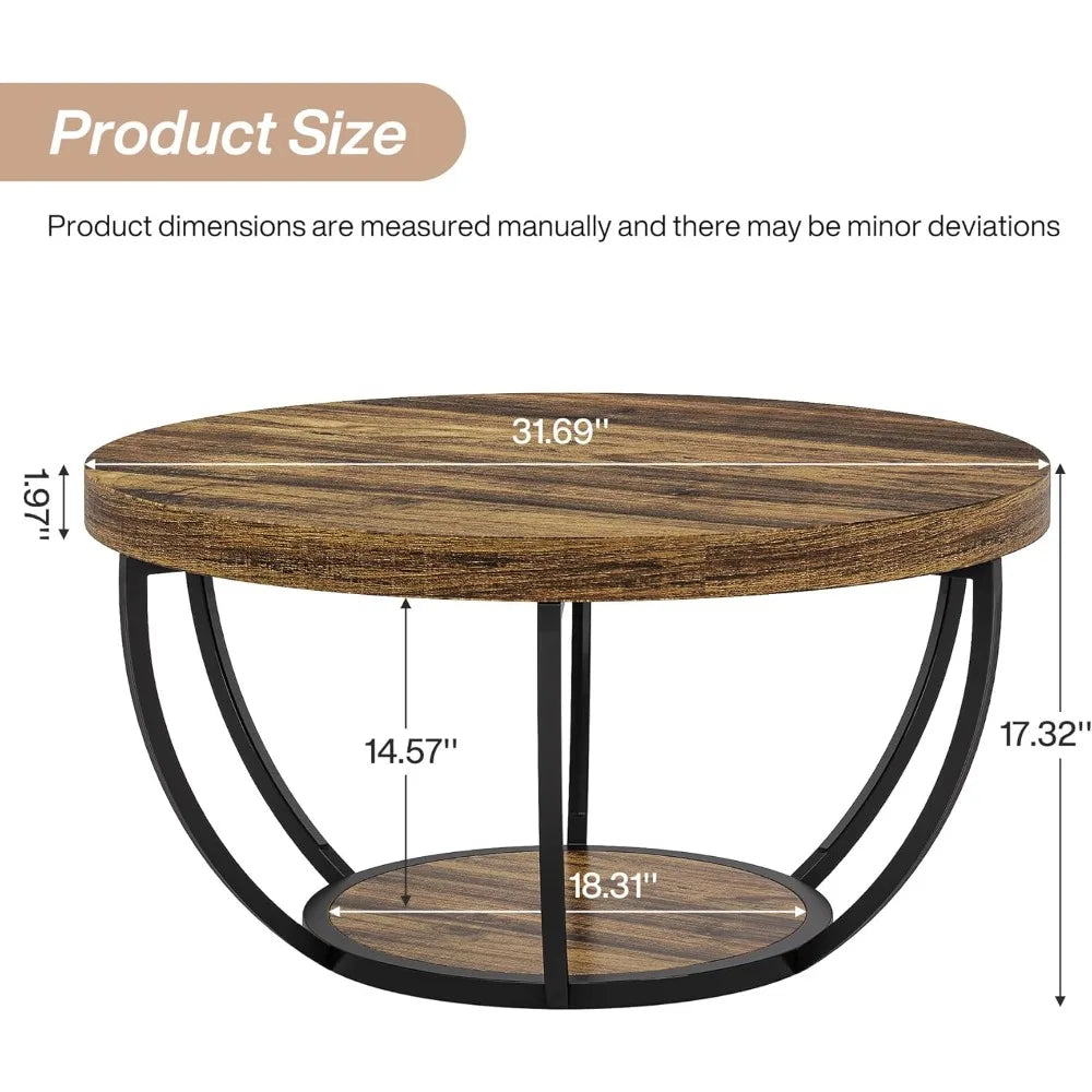 Round Coffee Table, 31.7" Wooden 2-Tier Circle Coffee Table with Storage Shelves, Modern Accent Table,Living Room Table