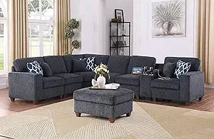 127" L-Shaped Sectional Couch with Movable Ottoman & 6 Throw Pillows,7 Seat Chenille Upholstered Sofa W/2 Cup Holder,USB Port &