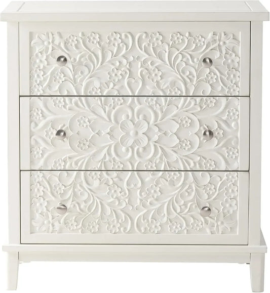 Three Drawer Farmhouse Flower Motif Dresser White Washed