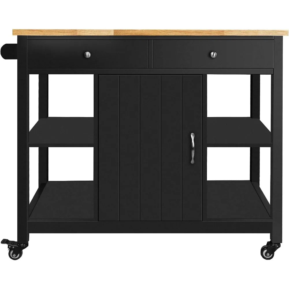 HOME. - Kitchen Islands on Wheels with Wood Top, Utility Wood Movable Kitchen Cart with Storage and Drawers, Black