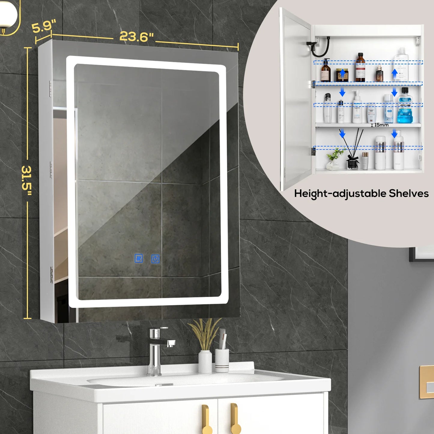 VOWNER LED Bathroom Cabinet With Defogger And Dimmer