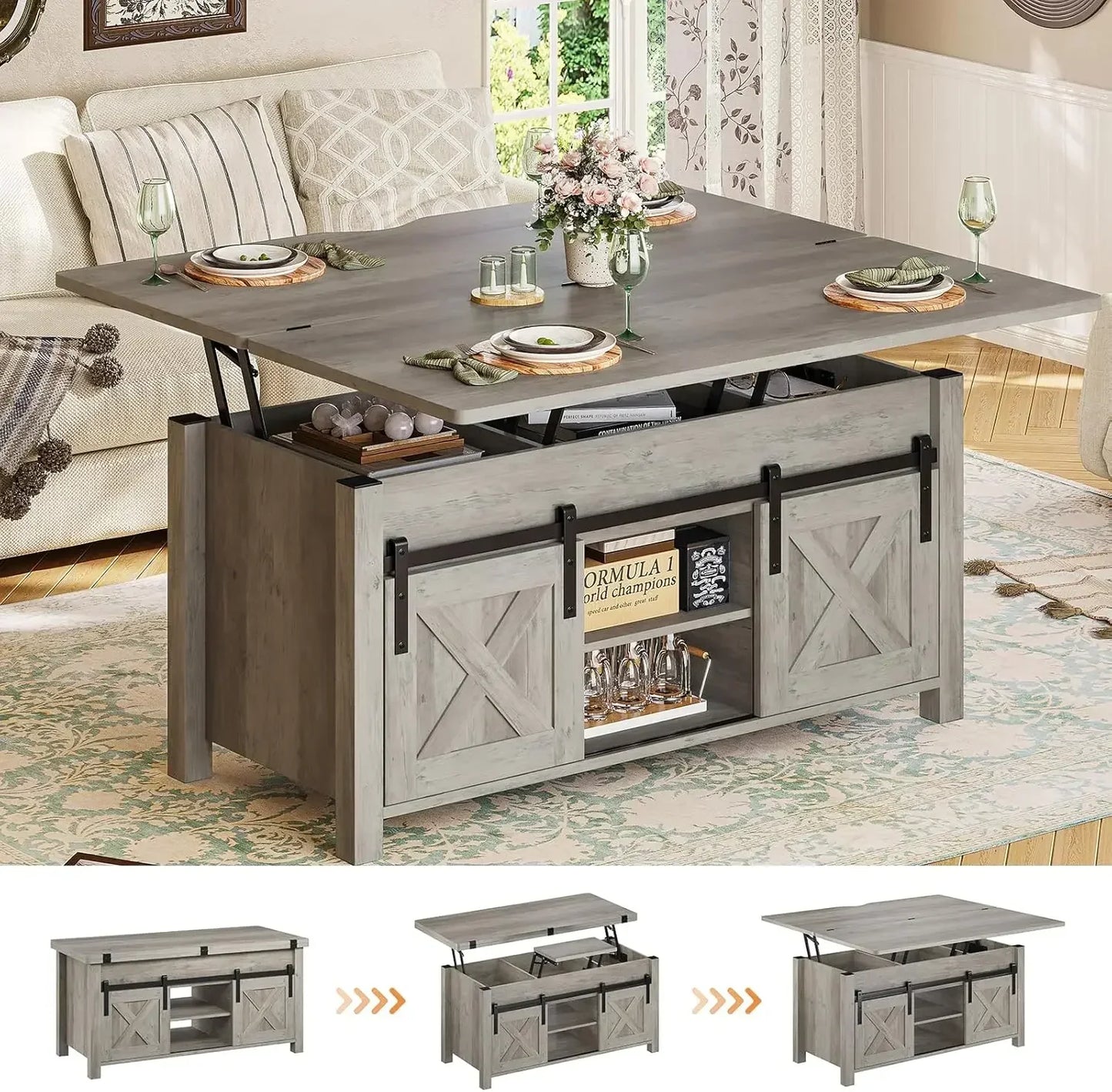 Lift Top Coffee Table, 4 in 1 Multi-Function Convertible Coffee Tables with Storage and Hidden Compartment