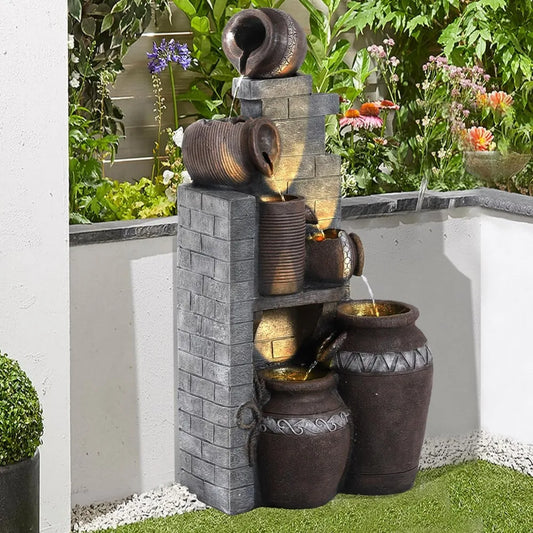 31.5" H Floor-Standing Cascading Garden Fountains, 6-Tiers Indoor/Outdoor Water Fountain with LED,Outdoor Water Fountain