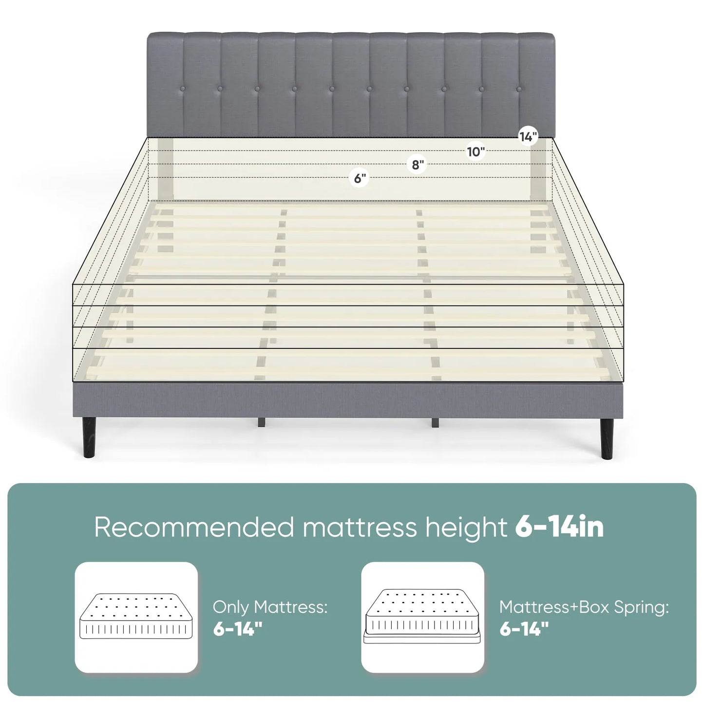 JHK King Solid Wood Bed Frame Upholstered Headboard Slats
