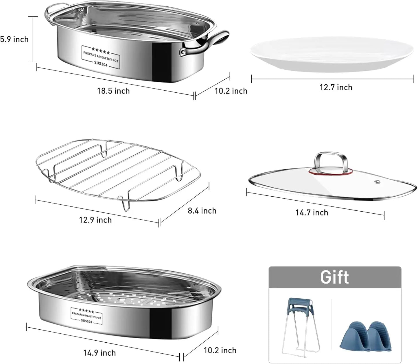 Two Tier Stainless Steel Fish Steamer With Rack And Mitts