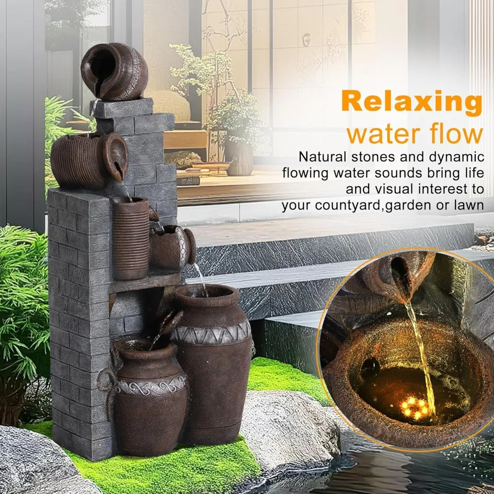 31.5" H Floor-Standing Cascading Garden Fountains, 6-Tiers Indoor/Outdoor Water Fountain with LED,Outdoor Water Fountain