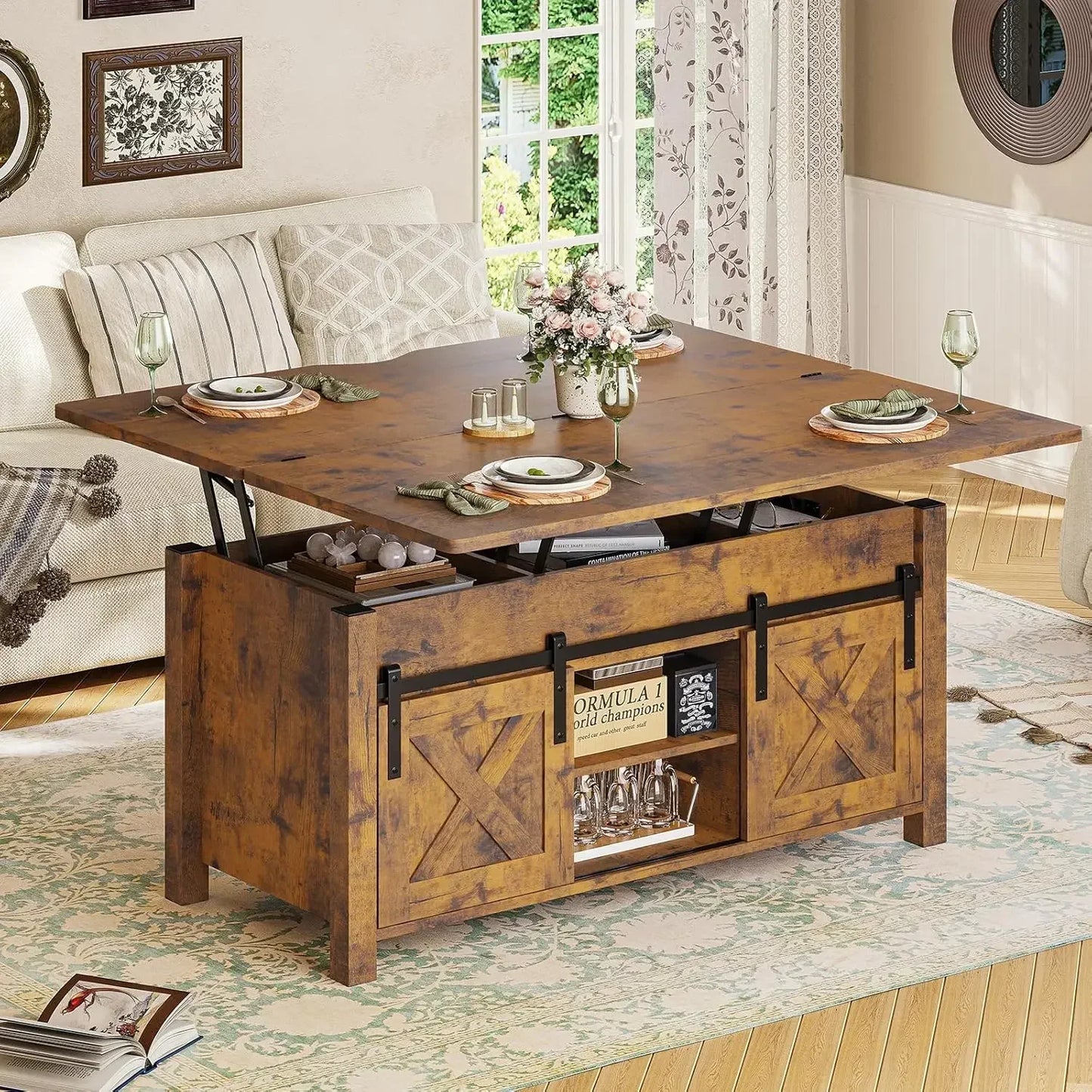 Lift Top Coffee Table, 4 in 1 Multi-Function Convertible Coffee Tables with Storage and Hidden Compartment