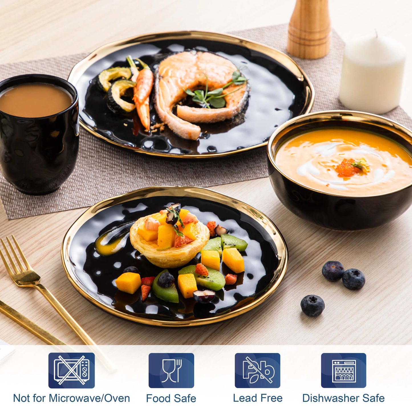 Black Porcelain Dinnerware With Gold Trim 16 And 32 Pieces