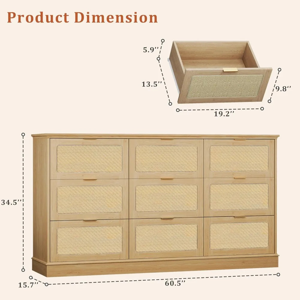 Boho Style 9 Drawer Dresser And TV Stand Natural Oak Finish